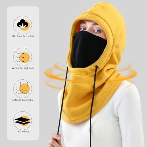 1PC Balaclava Hoodie Hat for Women - Winter Fleece Drawstring Hood Scarf - Neck Cover for Cycling Skiing Travel Daily Wear - Yellow — view 3