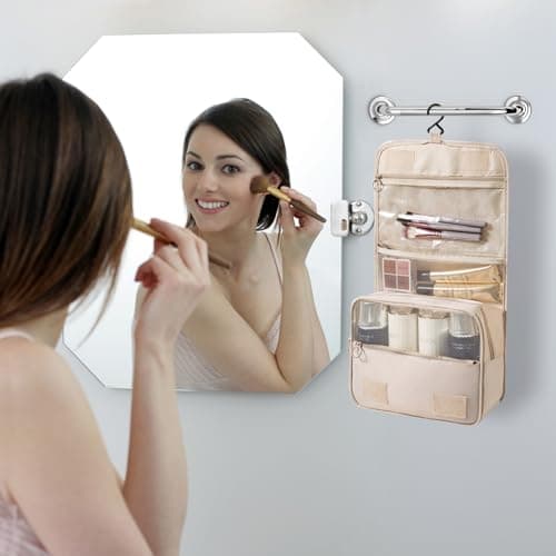 Travel Cosmetic Bag, Hanging Cosmetic Bag for Women, Personal Toiletries Organizer, Travel Bathroom Accessories Organizer with Hooks, Beige — view 5