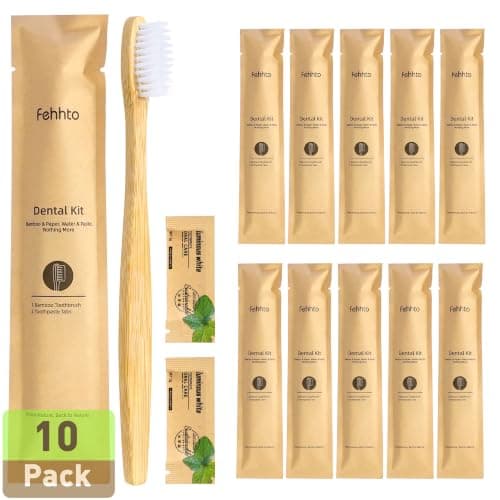 FEHHTO 10 Pack Bamboo Toothbrushes Kit, Disposable Travel Toothbrushes with Toothpaste (6g), Individually Wrapped Guest Dental Kit for Hotel Amenities, Airbnb Hosts, Travel & Camping