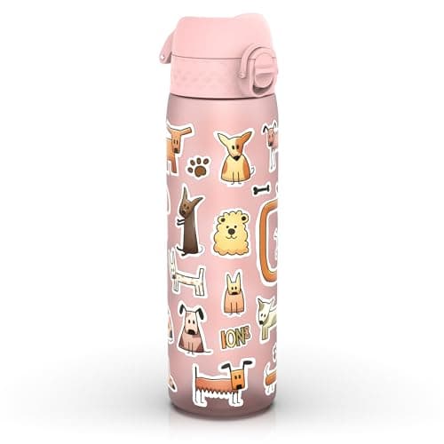 Ion8 Water Bottle, 500ml/18oz, Slim Leak Proof & BPA-Free Drinking Bottle, Secure Lock Prevents Spills, Dishwasher Safe, Carry Handle, Ideal for Adults & Kids - Travel, Gym & School, Pink, Dogs — view 4