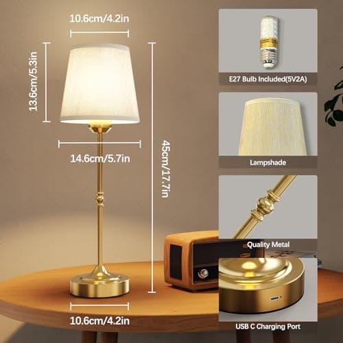 Rechargeable Cordless Table Lamp, Dimmable LED Portable Gold Bedside Light — view 2