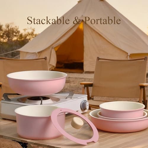 CAROTE 19pcs Pots and Pans Set Non Stick, Detachable Handle Cookware, Pink — view 5