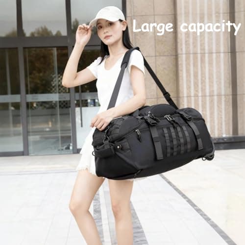 70L Wheeled Duffel Backpack Rolling Travel Bag Water Resistant Holdall with Hidden Straps Heavy Duty Foldable Sports Duffel Bag for Overnight Camping Beach Business Trip Storage (Black) — view 4