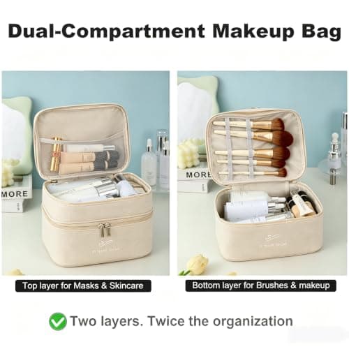 Travel Makeup Bag for Women, Large Capacity 2-Layer Cosmetic Organiser with Makeup Brush Organiser, Water-Resistant Durable Nylon Toiletry Bag, Portable Make Up Bags Case for Travel, Home Use (Beige) — view 2