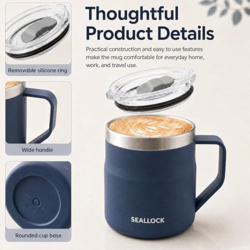 SiHuiTu 450ml Insulated Stainless Steel Coffee Mug with Lid & Handle (Blue) — view 3
