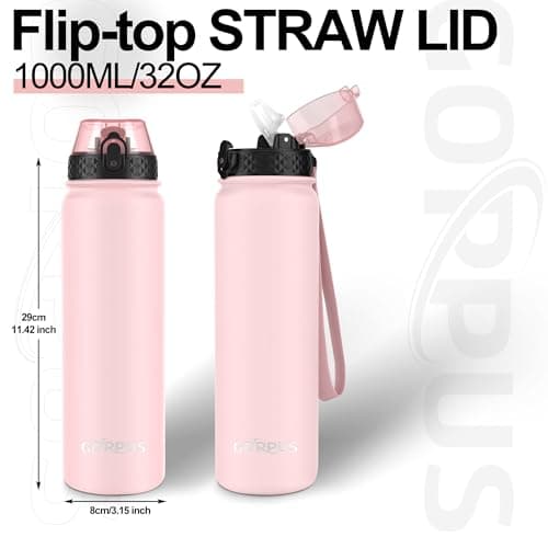 GOPPUS 1L/32oz Stainless Water Bottle with Straw Double Wall Insulated Bottles with Strap Reusable Vacuum Thermal Flask Leakproof Keep Cold Drinks Bottles with Flip Top Lid BPA Free (Pink) — view 4