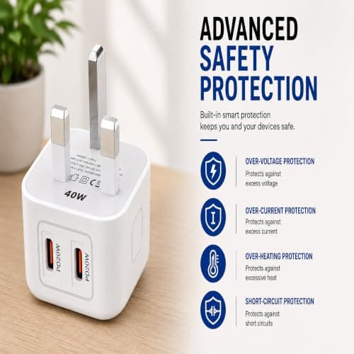 40W USB C Charger Plug, Dual USB C Fast Charger, 2 Port USB C Wall Charger, UK 3 Pin Power Adapter, USB C PD Charger for Phones, Tablets & Other USB C Devices — view 6
