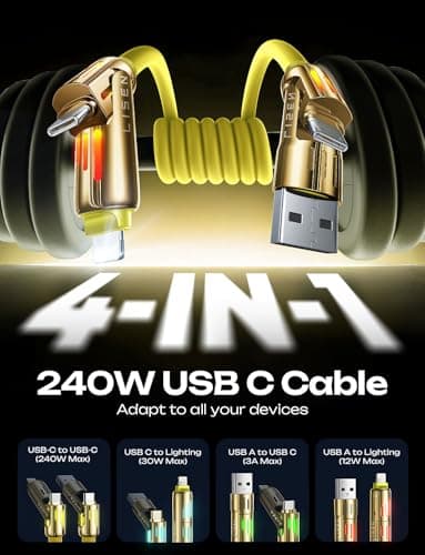 LISEN 240W USB C Cable, 4 in 1 Charging Cable (6.6FT) with Light, USB A/C to C/L Multi Charging Cable for iPhone 16 15 14 Pro Max/MacBook/iPad Pro/SamSungS24,Yellow — view 2