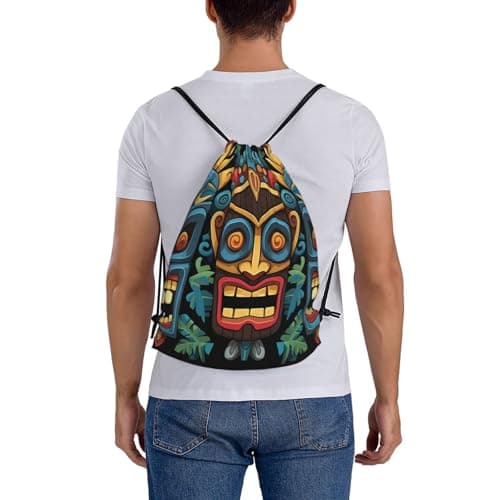 STVYUKL Cool Steampunk Gears Drawstring Backpack Lightweight Sports Gym Sack Drawstring Bags Cinch Bag Sackpack For Work Gym Swim Travel, Colorful Tiki Mask Pattern, One Size — view 6