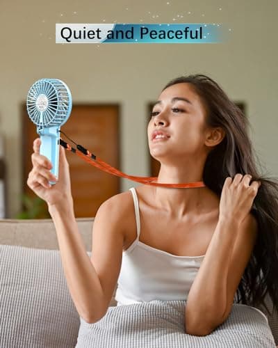 2 Pack Portable Fan Handheld Fan with Neck Lanyard, Battery Operated Electric Powered USB Rechargeable Fans, 6-15H Cooling, 180° Foldable 4 Speeds Mini Fans for Travel Outdoor Home Office, Light Blue — view 5