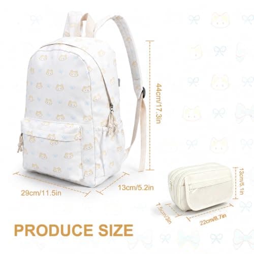 Cat Print Aesthetic Backpacks School & Pencil Case Set Lightweight 14 Inch Laptop Rucksack Preppy School Bag for Teen Girls Boys Middle School College Travel Work (White schoolbag + beige pencil case) — view 2