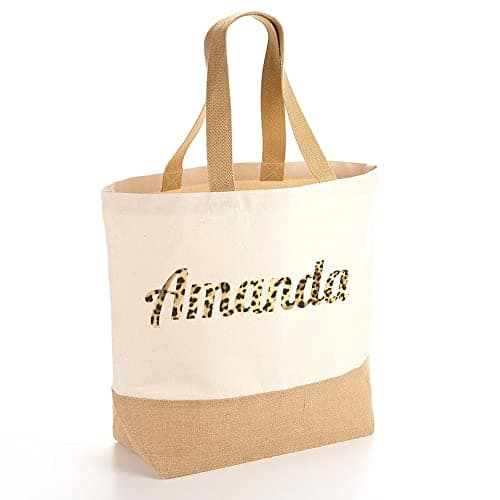 Leopard Print Name Personalised Beach Bag, Womens Shopping Bag Gifts for Her, Custom Multi Purpose Beach Esstentials, Accessory Travel Bags for Girls, Small, Natural — view 4