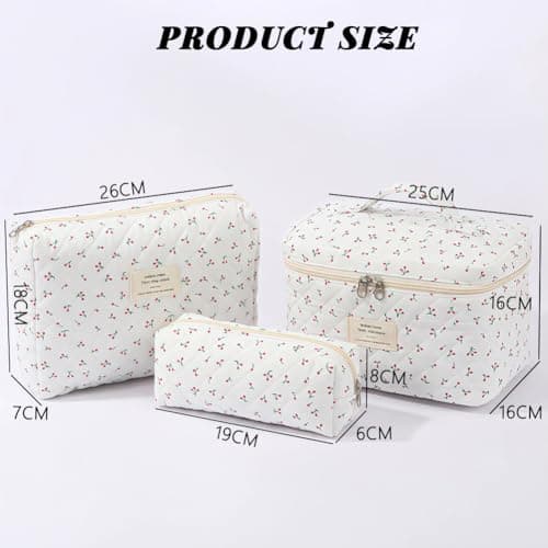 Aucuu 3PCS Coquette Makeup Bag, Quilted Makeup Bag for Women, Floral Cotton Cosmetic Bag Set, Large Capacity Aesthetic Floral Toiletry Bag, Travel Toiletry Bag, Wash Organizer Pouch for Women Girls — view 2