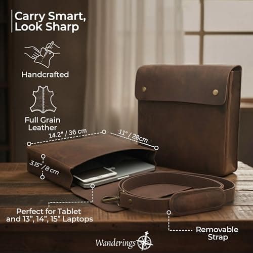 WANDERINGS Genuine Full Grain Leather Folder with Removable Strap - Handcrafted Folio Document Organizer - Leather Document Holder - Fits 15" 14" 13" Tablets and Laptops — view 4