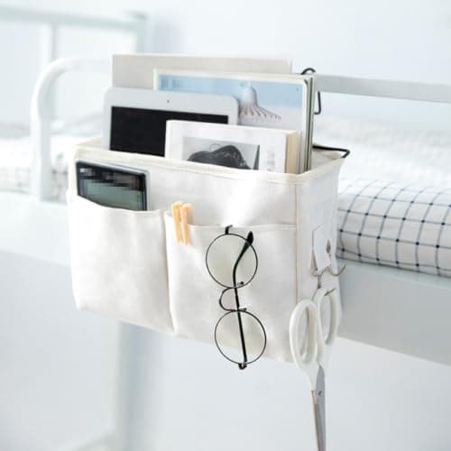 Hanging Storage Bag White Cotton Linen Dormitory Bedside Organizer — view 5