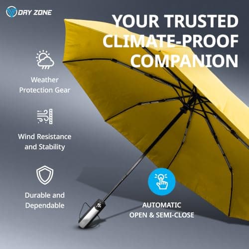 Dry Zone Windproof Three-Fold Small Umbrella 23”, Yellow – Heavy-Duty Vented Strong Umbrella with Wind-Resistant Design, Fibreglass Frame, Magnetic Strap, Black Handle, Waterproof Protection — view 2