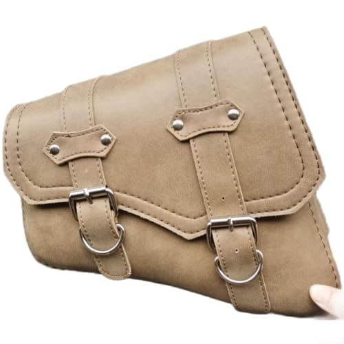 PU Leather Motorcycle Side Triangle Bag Saddle Tool Pouch Storage for Touring - Classic Design Easy Install for beige 28x24x14cm(Left)
