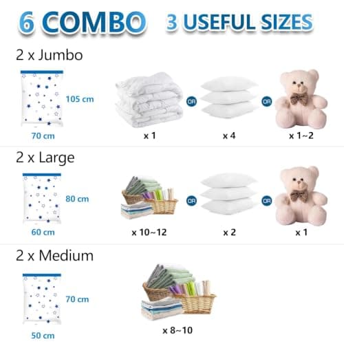UOUNE Vacuum Storage Bags, 6-Pack (2 Jumbo, 2 Large, 2 Medium) Reusable Space Saver Bags Vacuum Compression Zipper Storage Bags with Airtight Valve and Hand Pump,Work with Vacuum Cleaner — view 2