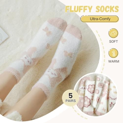 Sillictor 5 Pairs Thermal Socks for Women and Girls,Thick Warm Fluffy Socks Womens 4-7 Ladies Slipper Socks Fleece Cosy Bed Socks Soft Animal Socks for Sleep Walking 23016 23009 Pink Cat — view 2
