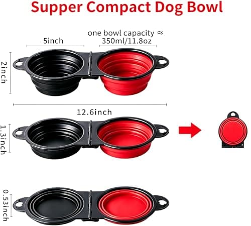 Anti-Tipping Connected Dual Foldable Pet Bowls, 350ml each for small dogs & cats, reinforced rim, collapsible portable food & water feeder, great for walking, hiking, outdoor activities (Black & Red) — view 3
