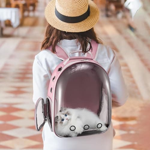 LN COZY CORNER Transparent Bubble Cat Backpack –Space Capsule Pet Carrier Backpack with Hard‑Shell Dome, Breathable Mesh & Padded Straps – Hands‑Free Travel Cat Bag Carrier (Pink) — view 5