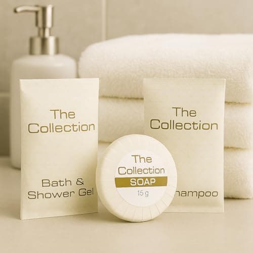 Travel Size Toiletries, Miniature Hotel Toiletries | 12x10ml Shower Gel, 12x10ml Shampoo Sachets, 12x15g Tissue Pleated soap Bulk Pack | Ideal for Hotels, Holiday Lets, Travel Sachets — view 2