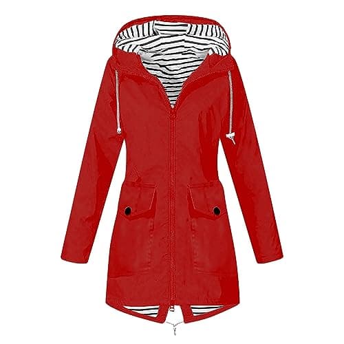 ZJADear Red Lightweight Waterproof Jacket for Women - Travel Cycling Rain Coats,Packable Windbreaker Coats Outwear with Hood,Loose Fit Casual Long Hooded Rain Jacket,Breathable Softshell Raincoat L