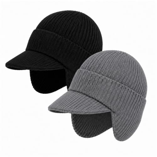 DOINEUFL 2 Pack Beanie Hat Men with Brim and Ear Covering, Thermal Mens Fleece Lined, Hats for Men UK Winter Caps, Warm Winter Beanie