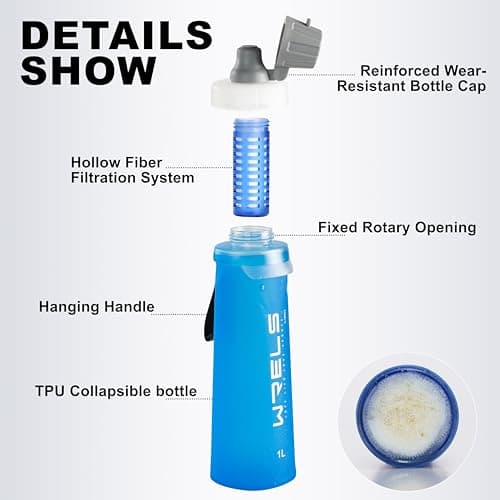 WRELS Collapsible Squeeze Water Filter Bottle 1L Filter System for Trail Running, Hiking, Travel, Camping | Ultralight Portable Soft Flask with Filter for Outdoor Survival — view 4