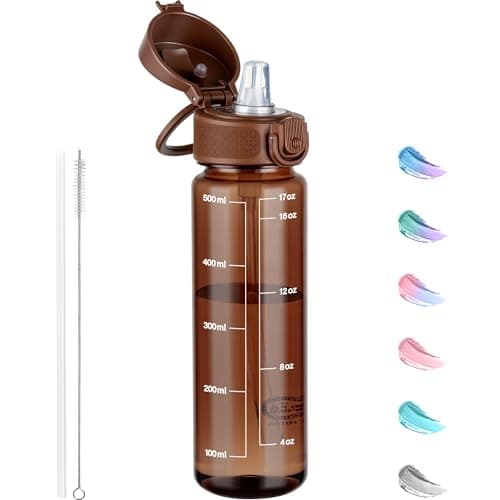 GOPPUS 500ml/17oz Clear Tritan Water Bottle with Straw Transparent Childrens Drinks Bottle with Carrying Handle See Through Measured Kid Bottles with Flip Top Lid Leakproof BPA Free (Brown)