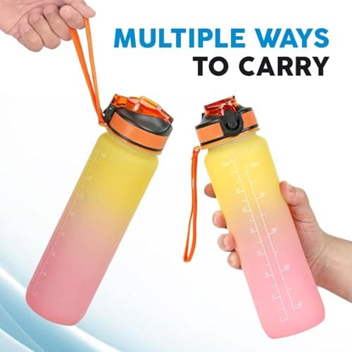 Livhome 1L Leakproof Hourly Water Bottle, BPA-Free Plastic Bottle with Straw, Time-Marking Intake Tracker, Motivational Gym & Sports Hydration Bottle for Adults (Yellow/Pink) — view 3