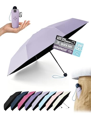 LILAC Compact Travel Umbrella for Purse, Mini Folding Pocket Parasol with Windproof Absorbent Sleeve, UPF 100+ UV Sun Protection, 30% Thickened Alloy Steel Shaft, Double Fiberglass Reinforced
