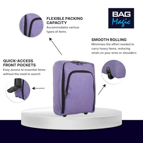Bordlite 50x35x20cm Soft Cabin Bag – Lightweight Overhead Hand Luggage Suitcase with Wheels & Extendable Handle – Fits Ryanair, EasyJet, BA & More, 35L Capacity (Purple) — view 3