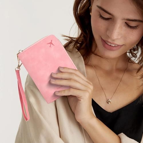 Zidoley Passport Holder Travel Wallet RFID Blocking, PU Leather Travel Document Organiser with Zipped Closure & Wrist Strap, Document Organiser, Holiday Travel Essentials for Men & Women (Pink) — view 2