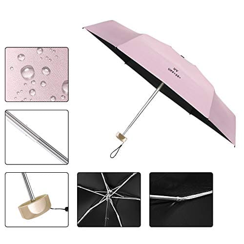 Vicloon Mini Umbrella, Pocket Umbrella （Pink） with Golden Handle, 210T Black Rubber Cloth & 6 Aluminum Alloy Ribs, Foldable Compact Travel Umbrella, UPF>50+ UV Resistance — view 6