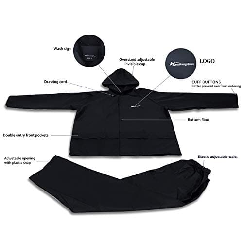 Waterproof Jacket and Trouser Suit Set for Men/Women, Ultra-Lite Waterproof Raincoat Windproof Hooded Rainsuit Rain Gear(Black X-Large) — view 3