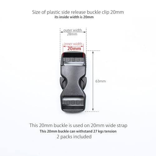 Baikeen Side Release Buckles 15mm/20mm/25mm/32mm/38mm/50mm Heavy Duty Plastic Buckle Clips Belt Snap Clasp Backpack Buckle Replacement Dual Adjustable No Sewing for Strap 20mm(20mm,2 Sets) — view 3