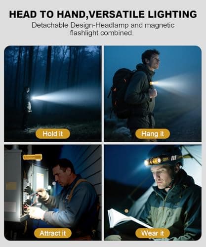 Spriak High Lumens LED Rechargeable Headlamp for Adults - Hard Hat Light Running Head Lamp with Red Light, Magnet, 180° Tilt, 7 Modes, Detachable Flashlight & Headband, Outdoor, Emergency 1PC,Gold — view 4