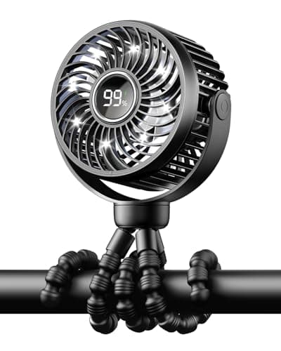 Bearwind Pram Fan, Rechargeable 4-Speed Clip On Fan, Digital Display, Black