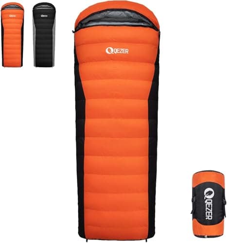 QEZER Down Sleeping Bag,Lightweight Rectangular Winter Sleeping Bag [1180g/1860g] for Adults and Kids 4 Season Camping, Hiking,Warehouse and Moutaineering Outdoor (Orange, 500g down)