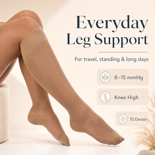 Divertd Women's Knee High Compression Stockings, 70 Denier Class I 8-15 mmHg Flight Socks, Nude, L/XL — view 3