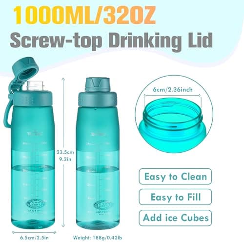 GOPPUS 1L/32oz Clear Tritan Water Bottle with Screw Lid, Drinks Bottle with Wide Mouth, Fruit Infuser, Leakproof, BPA Free, Carry Handle, Measurement Markings, Dust Cap (Turquoise) — view 2