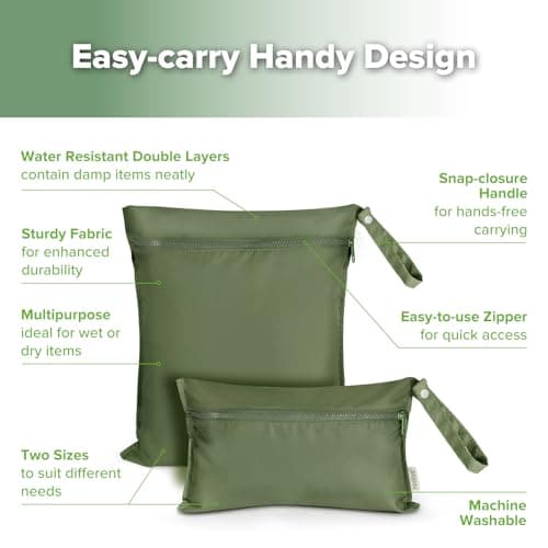 haakaa Waterproof Wet Bags for Baby Wet Dry Bags for Cloth Diaper, Swimsuit & Travel, 2pcs, Olive Green — view 4