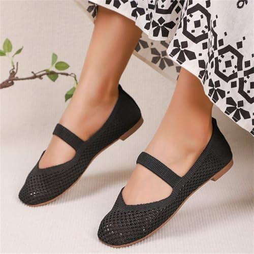 Cream Wedges - Women's Mary Jane Flat Shoes, Plain Round Toe Ballet Pumps with Knitted Mesh Upper, Low Heel Casual Comfort Walking Footwear for Work Office Travel Daily Wear Commute — view 3