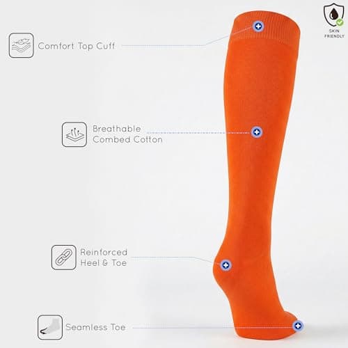 Mysocks Orange Knee High Socks for Women Men Girls - Seamless Toe Plain Long Knee Length Socks - Breathable Cotton Tall Sock Stockings Orange,8-11 — view 4