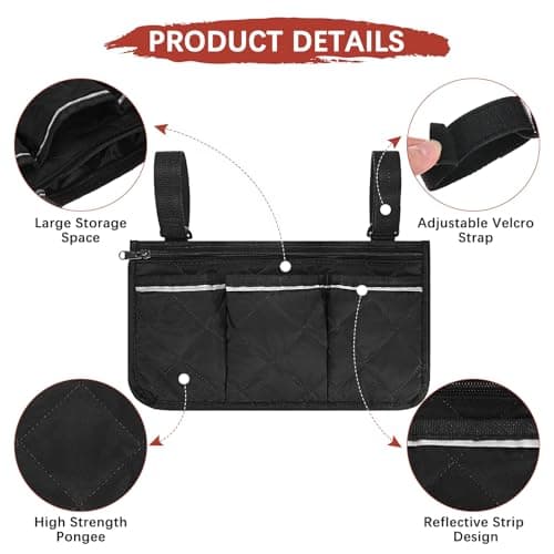 TIXIPEM 12.8"x7" Beach Chair Armrest Bag [2-Pack] - Waterproof Polyester Adjustable Straps Reflective Strip Beach Chair Organizer Use for Camping & Stadium & Patio Chairs [Black] — view 4