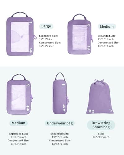 ECOHUB 5 Set Compression Packing Cubes for Suitcases Organiser Bags Travel Accessories with Shoes Bag Tear-resistant Travel Cubes with ID Tag Expandable Packing Bags (Purple) — view 3