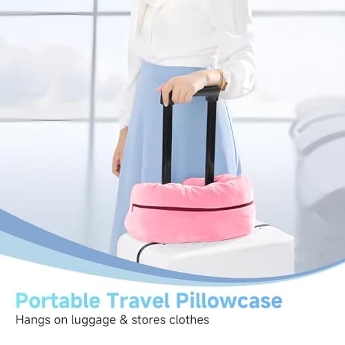 AHRLIC Soft Stuffable Neck Pillow for Travel Multifunctional U-Shaped Cushion Fillable with Clothes for Extra Luggage Space, Adjustable Strap for Airplane, Camping, Train, Hiking (Rose Red) — view 6