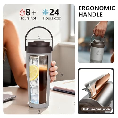 KANGZY Coffee Cup Travel Mug 600ml – Stainless Steel Insulated Water Bottle, 2-in-1 Lid, Vacuum Thermal Cup, Leak-Proof Design, Keeps Drinks Hot 8H+ / Cold 24H – Work, Travel & Car (Dove Grey) — view 3