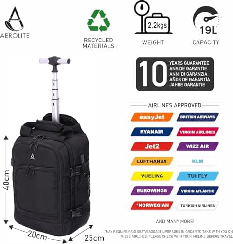 Aerolite 40x20x25cm Ryanair & Wizz Air Trolley Backpack, 2 Wheels — view 2